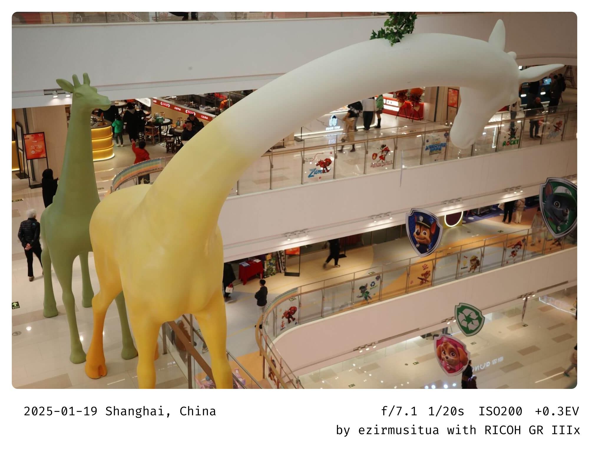 购物中心（Shopping Center）  巨型长颈鹿（Giant Giraffe）  室内装饰（Indoor Decoration）  商场氛围（Mall Atmosphere）  商业环境（Commercial Environment）  视觉吸引力（Visual Appeal）  休闲购物（Leisure Shopping）  零售空间（Retail Space）  城市生活（Urban Life）  公共空间（Public Space）  商业活动（Business Activity）  娱乐设施（Entertainment Facilities）