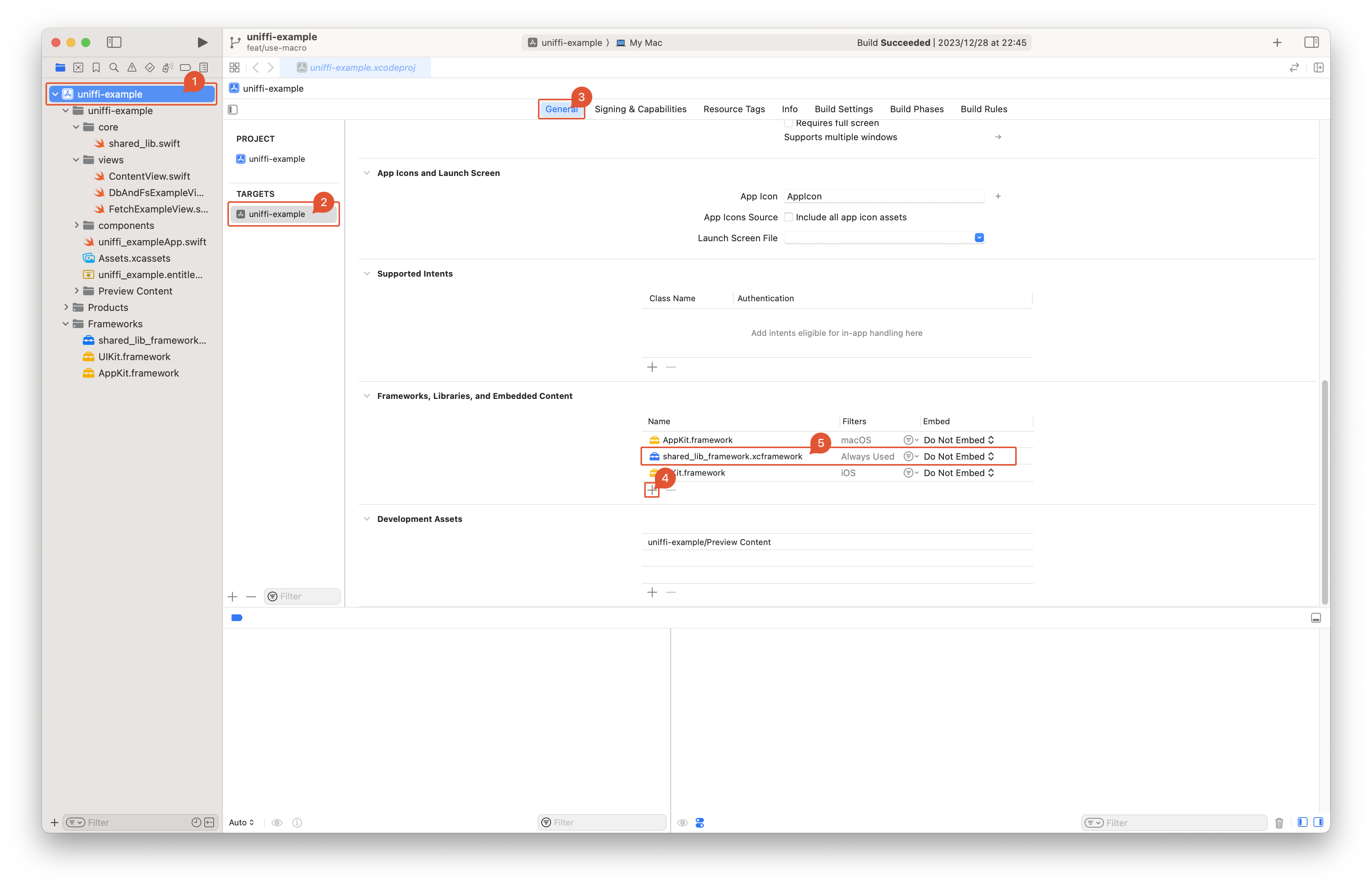 在 XCode 中点击左侧导航栏的项目名称，选择 Target，然后选择 General Tab，找到 Frameworks, Libraries, and Embedded Content，点击 +，选择 Add Other/Add Files，选择刚才创建的 xcframework